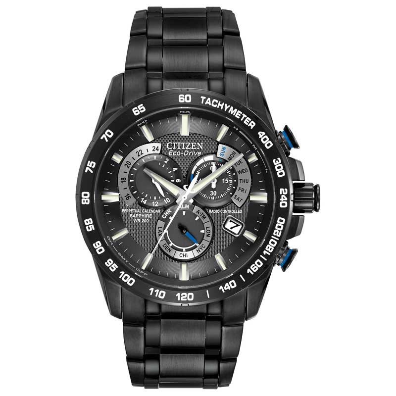 Men's Citizen Eco-Drive® Perpetual A-T Chronograph Black IP Watch with Black Dial (Model: AT4007-54E)