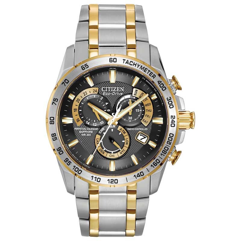 Main Image 1 of Men's Citizen Eco-Drive® PCAT Chronograph Two-Tone Watch with Black Dial (Model: AT4004-52E)