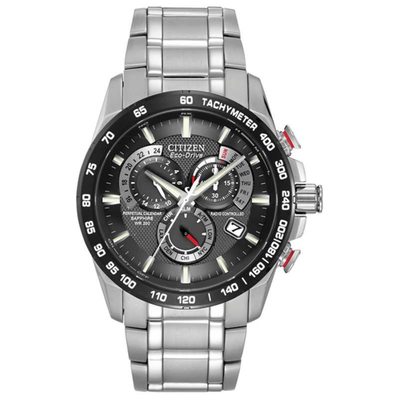 Men's Citizen Eco-Drive® Perpetual A-T Chronograph Watch with Black Dial (Model: AT4008-51E)