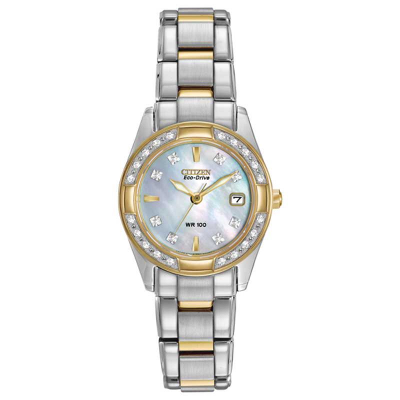 Ladies' Citizen Eco-Drive® Diamond Accent Two-Tone Watch with Mother-of-Pearl Dial (Model: EW1824-57D)