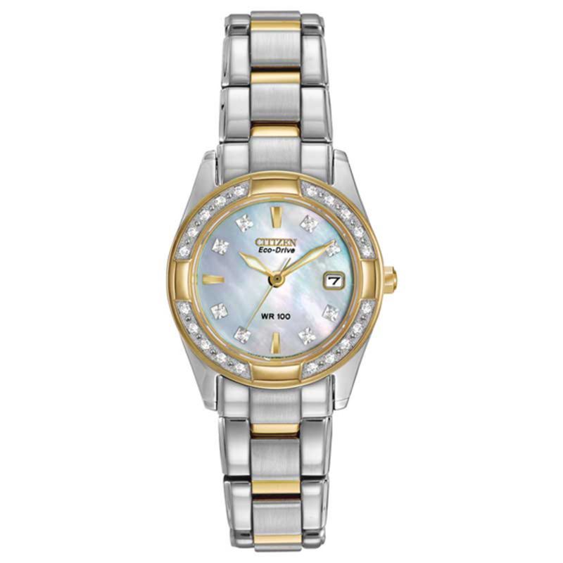 Main Image 1 of Ladies' Citizen Eco-Drive® Diamond Accent Two-Tone Watch with Mother-of-Pearl Dial (Model: EW1824-57D)
