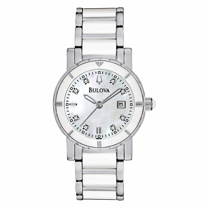 Main Image 1 of Ladies' Bulova Stainless Steel and Ceramic Diamond Accent Watch with Mother-of-Pearl Dial (Model: 98P121)