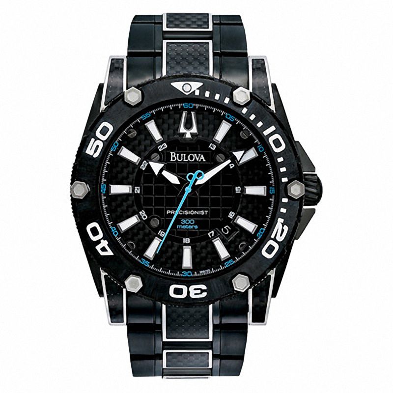 Men's Bulova Precisionist Champlain Black IP Watch with Black Carbon Fiber Dial (Model: 98B153)