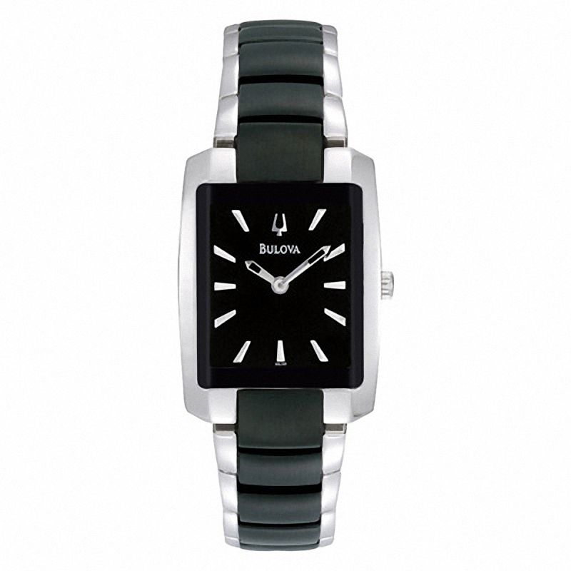 Ladies' Bulova Two-Tone Watch with Black Rectangular Dial (Model: 98L148)