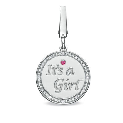 Tiny Toes™ Diamond Accent and Pink Sapphire "It's a Girl" Disc Bracelet Charm in Sterling Silver