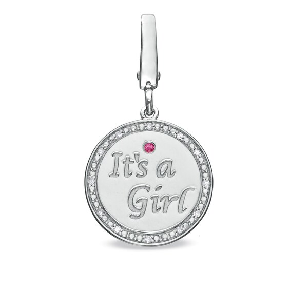Tiny Toesâ¢ Diamond Accent and Pink Sapphire "It's a Girl" Disc Bracelet Charm in Sterling Silver