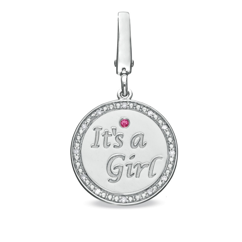 Main Image 1 of Tiny Toes™ Diamond Accent and Pink Sapphire "It's a Girl" Disc Bracelet Charm in Sterling Silver