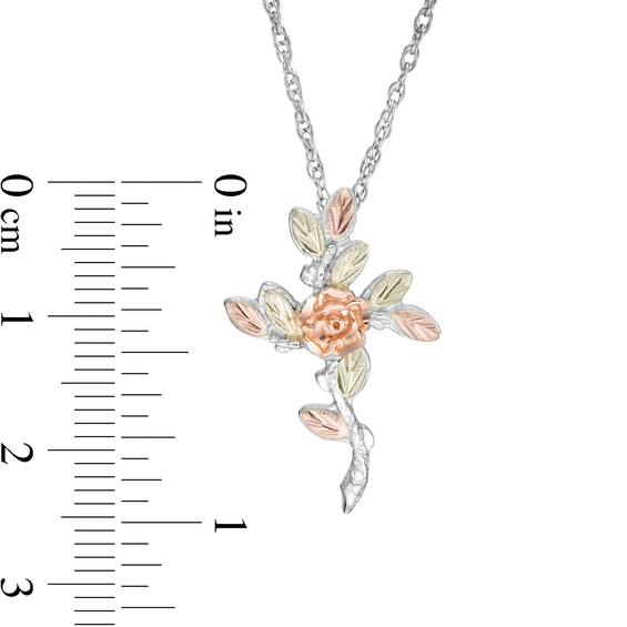 Black Hills Gold Cross with Rose Pendant in Sterling Silver
