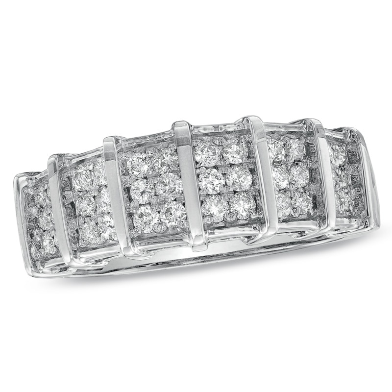 Men's 1/2 CT. T.W. Diamond Triple Row Vertical Station Wedding Band in 10K White Gold