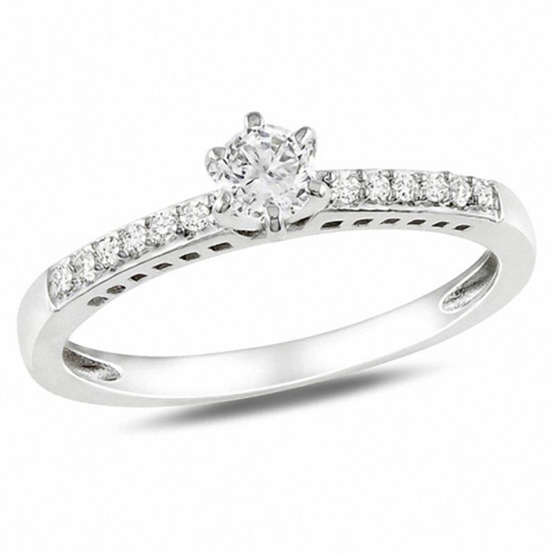 Main Image 1 of White Lab-Created Sapphire and Diamond Accent Promise Ring in Sterling Silver