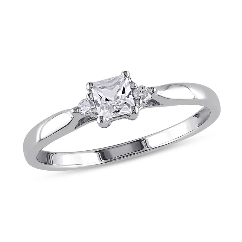 Main Image 1 of Princess-Cut White Lab-Created Sapphire and Diamond Accent Promise Ring in Sterling Silver