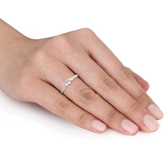 White Lab-Created Sapphire and Diamond Accent Three Stone Promise Ring Sterling Silver