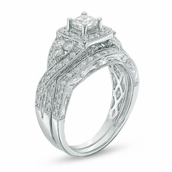 1 CT. T.w. Princess-Cut Diamond Twist Bridal Set in 14K White Gold