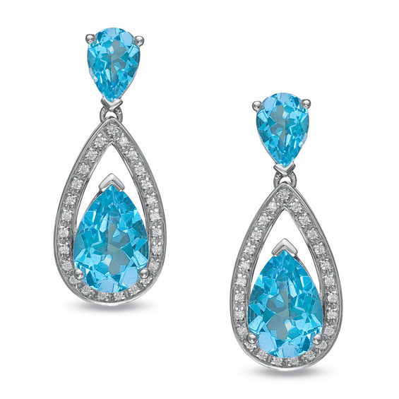 Pear Shaped Blue Topaz And White Drop Earrings In Sterling Pear Shaped Blue Topaz And White Drop Earrings In Sterling Silver