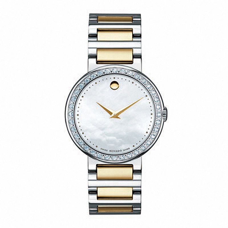 Ladies' Movado Concerto Diamond Accent Two-Tone Stainless Steel Watch with Mother-of-Pearl Dial (Model: 0606470)