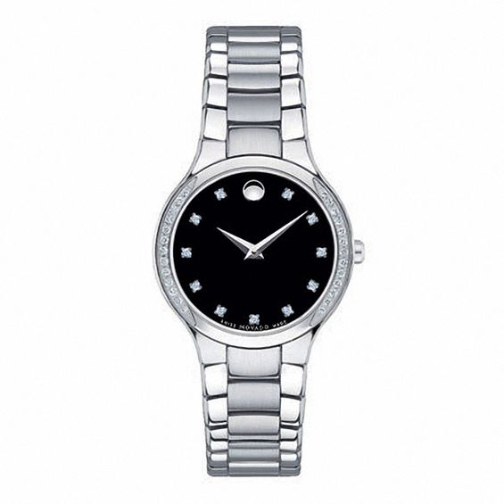 Ladies' Movado Serio Diamond Accent Watch with Black Dial (Model: 0606491)