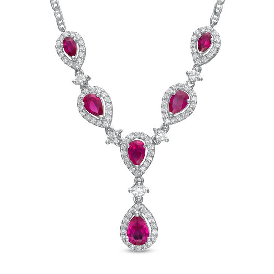 Pear-Shaped Lab-Created Ruby and White Sapphire Drop Necklace in ...