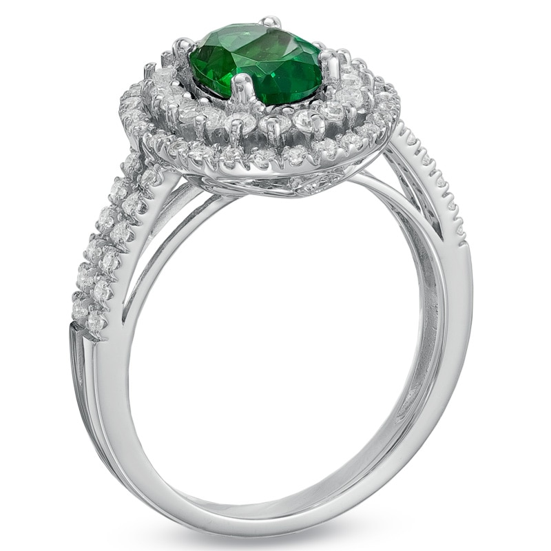 Oval Lab-Created Emerald and White Sapphire Frame Ring in Sterling Silver