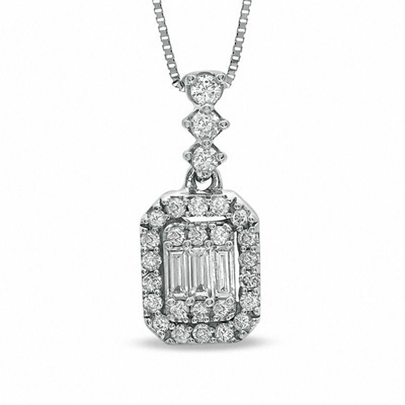 Main Image 1 of 3/8 CT. T.W. Round and Baguette Diamond Pendant in 14K White Gold