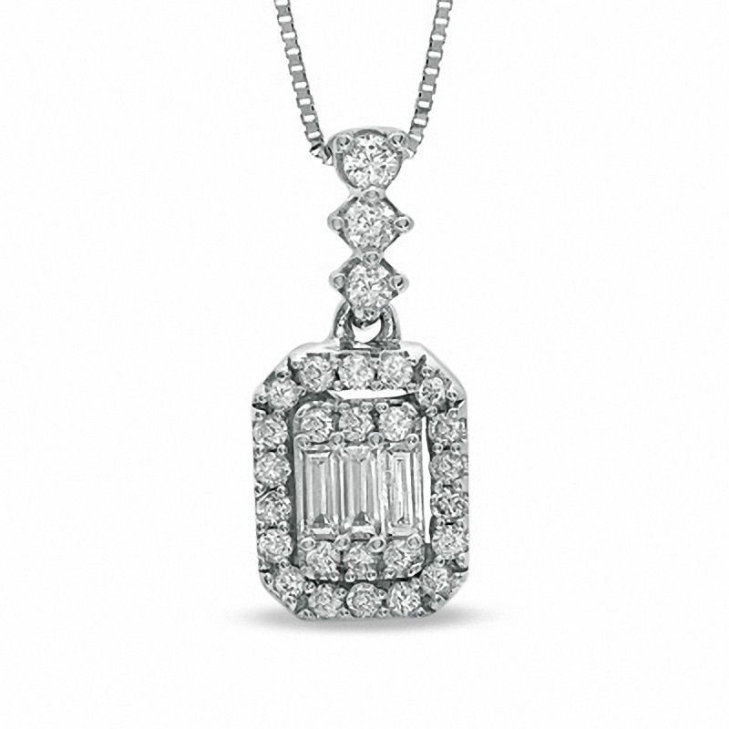 3/8 CT. T.W. Round and Baguette Diamond Pendant in 14K White Gold