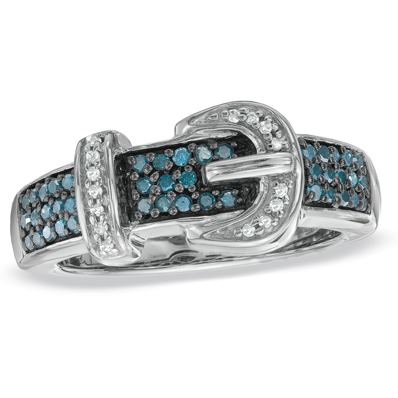 Main Image 1 of 1/4 CT. T.W. Enhanced Blue and White Diamond Buckle Ring in Sterling Silver