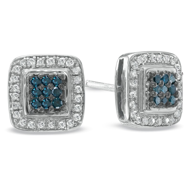 Main Image 1 of 1/3 CT. T.W. Enhanced Blue and White Diamond Square Stud Earrings in Sterling Silver