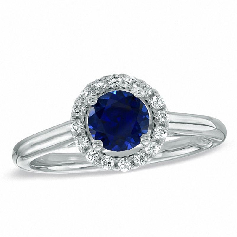 Main Image 1 of Lab-Created Blue Sapphire and 1/7 CT. T.W. Diamond Engagement Ring in 10K White Gold