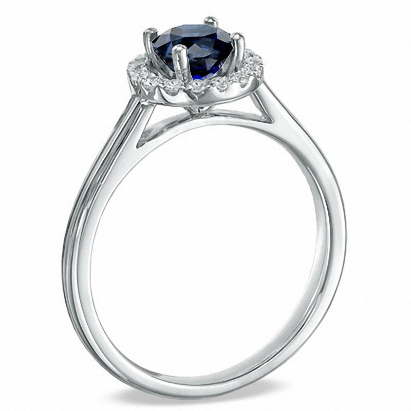 Lab-Created Blue Sapphire and 1/7 CT. T.W. Diamond Engagement Ring in ...