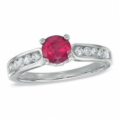 5.0mm Sideways Heart-Shaped Lab-Created Ruby and Diamond Accent Promise Ring  in Sterling Silver | Zales