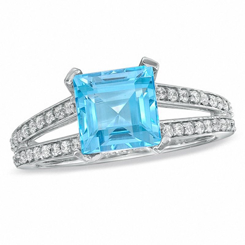 Princess-Cut Blue Topaz and 1/4 CT. T.W. Diamond Engagement Ring in 10K White Gold