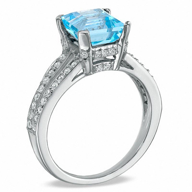 Princess-Cut Blue Topaz and 1/4 CT. T.W. Diamond Engagement Ring in 10K White Gold