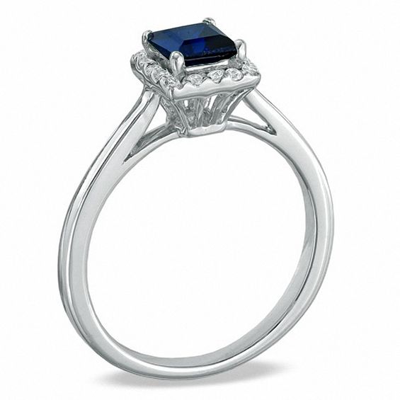 Princess-Cut Lab-Created Blue Sapphire and 1/7 CT. T.w. Diamond Engagement Ring in 10K White Gold