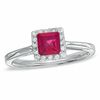 Thumbnail Image 0 of Princess-Cut Lab-Created Ruby and 1/7 CT. T.W. Diamond Engagement Ring in 10K White Gold