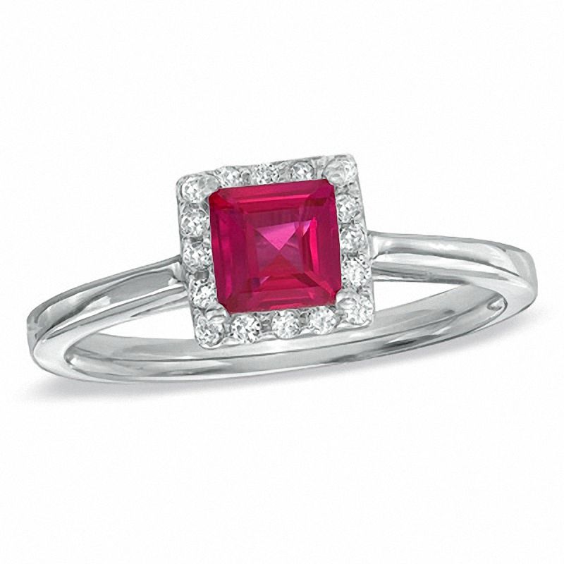 Princess-Cut Lab-Created Ruby and 1/7 CT. T.W. Diamond Engagement Ring in 10K White Gold