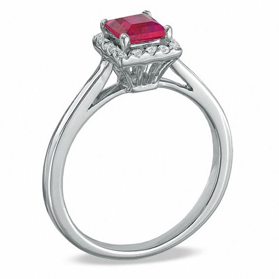 Princess-Cut Lab-Created Ruby and 1/7 CT. T.w. Diamond Engagement Ring in 10K White Gold