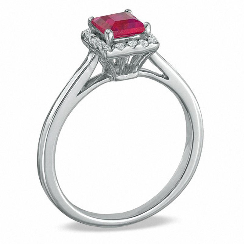 Princess-Cut Lab-Created Ruby and 1/7 CT. T.W. Diamond Engagement Ring in 10K White Gold