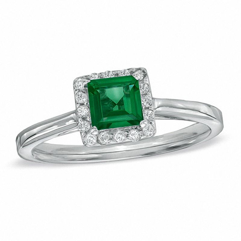 Princess-Cut Lab-Created Emerald and 1/7 CT. T.W. Diamond Engagement Ring in 10K White Gold