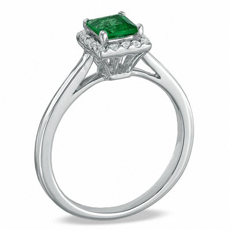 Main Image 2 of Princess-Cut Lab-Created Emerald and 1/7 CT. T.W. Diamond Engagement Ring in 10K White Gold