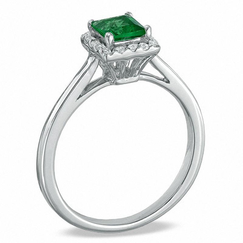 Princess-Cut Lab-Created Emerald and 1/7 CT. T.W. Diamond Engagement Ring in 10K White Gold