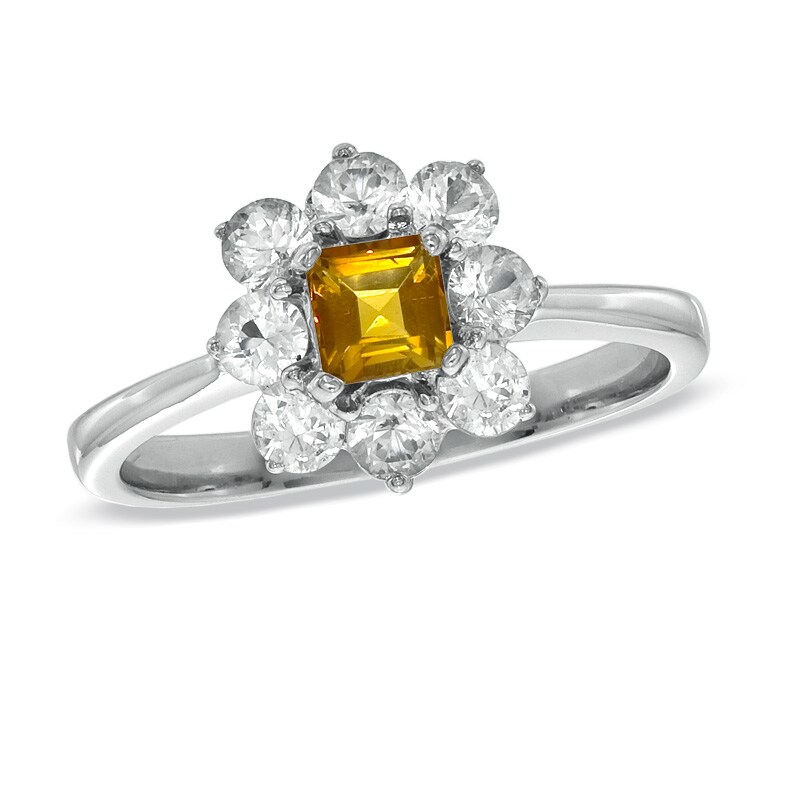 4.0mm Princess-Cut Citrine and Lab-Created White Sapphire Flower Ring in 10K White Gold