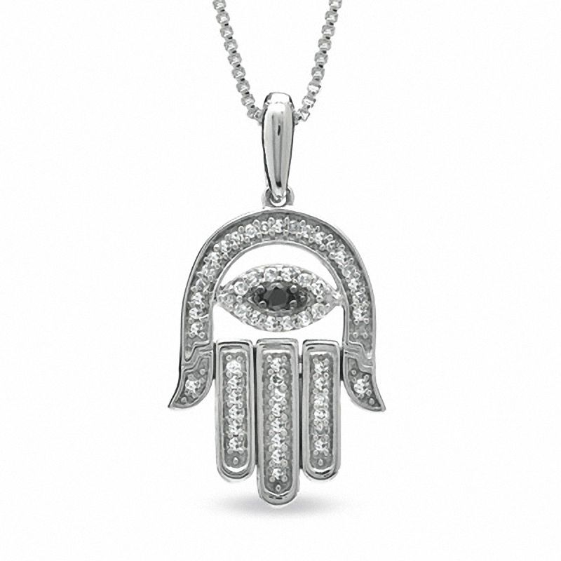 1/7 CT. T.W. Enhanced Black and White Diamond Hamsa with Evil Eye Pendant in Sterling Silver