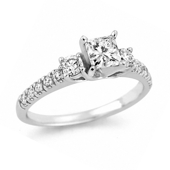 1/2 CT. T.w. Certified Princess-Cut Diamond Three Stone Engagement Ring in 14K White Gold (I/Si2)