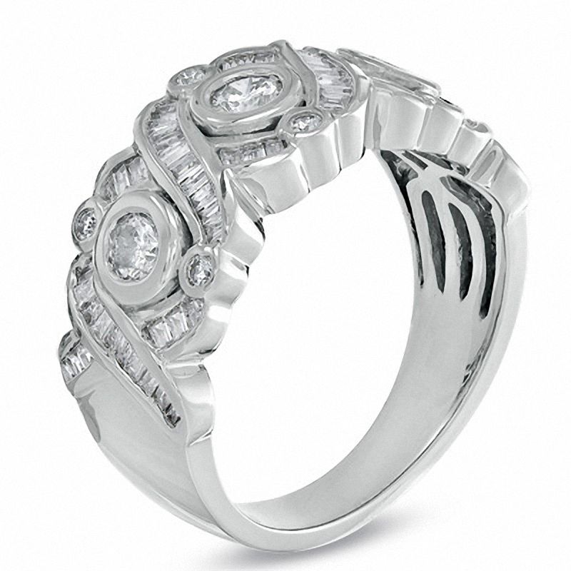 Main Image 2 of 1 CT. T.W. Round and Baguette Diamond X+O Ring in 14K White Gold