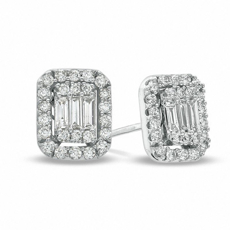 Main Image 1 of 5/8 CT. T.W. Baguette and Round Diamond Stud Earrings in 14K White Gold