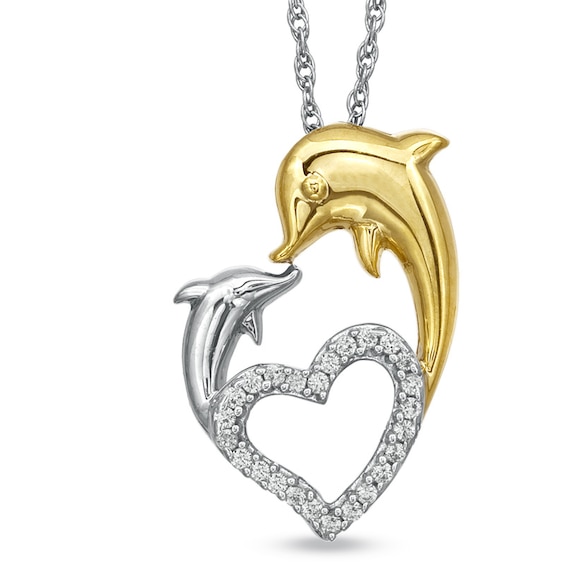 1/10 CT. T.w. Diamond Kissing Dolphins Heart Pendant in Sterling Silver with 14K Gold Plate