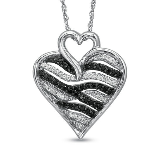 1/4 CT. T.w. Enhanced Black and White Diamond Zebra Heart Pendant in Sterling Silver