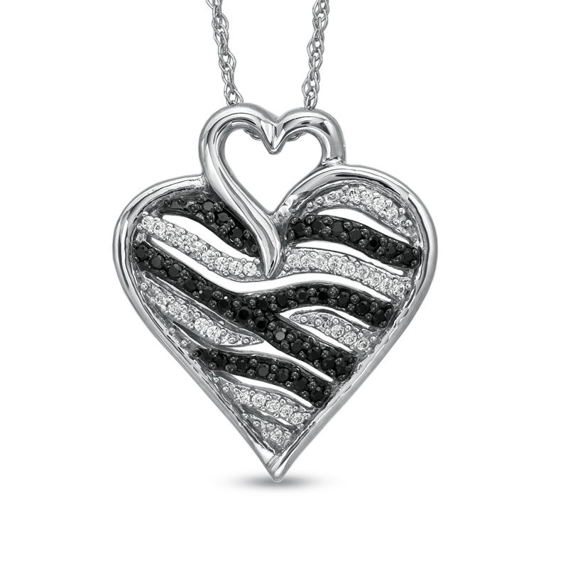 1/4 CT. T.W. Enhanced Black and White Diamond Zebra Heart Pendant in Sterling Silver