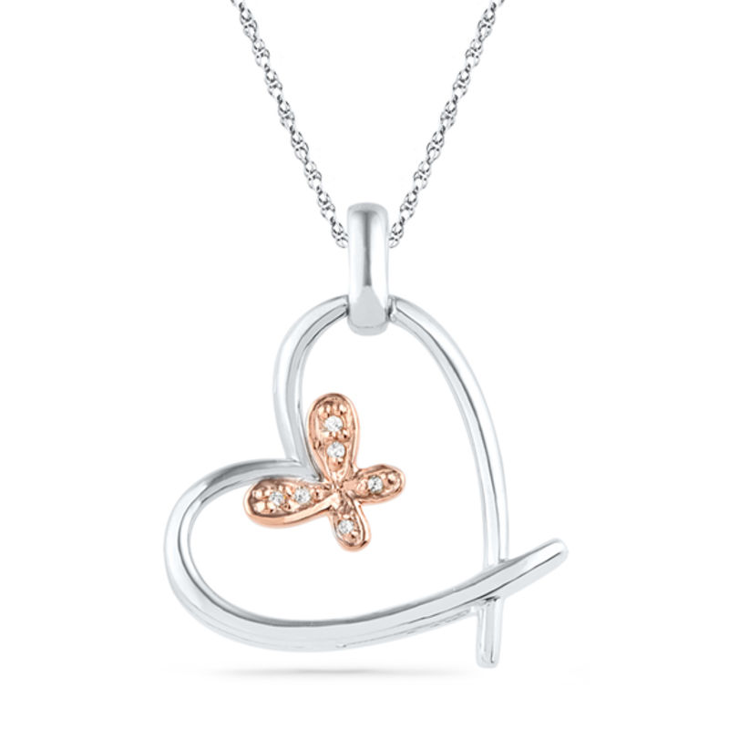Diamond Accent Butterfly Tilted Heart Pendant in Sterling Silver and 10K Rose Gold