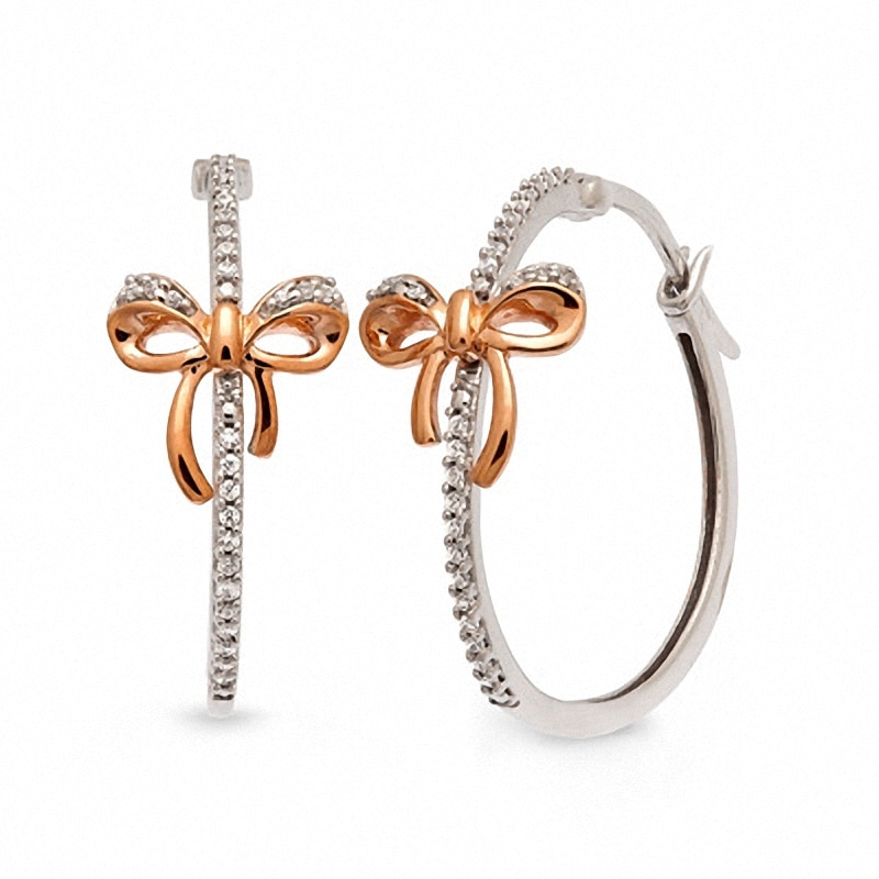 Main Image 1 of 1/5 CT. T.W. Diamond Hoop with Bow Earrings in 10K Two-Tone Gold