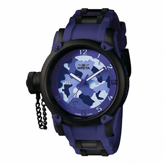 Men's Invicta Russian Diver Black Strap Watch with Blue Camouflage Dial (Model: 1196)